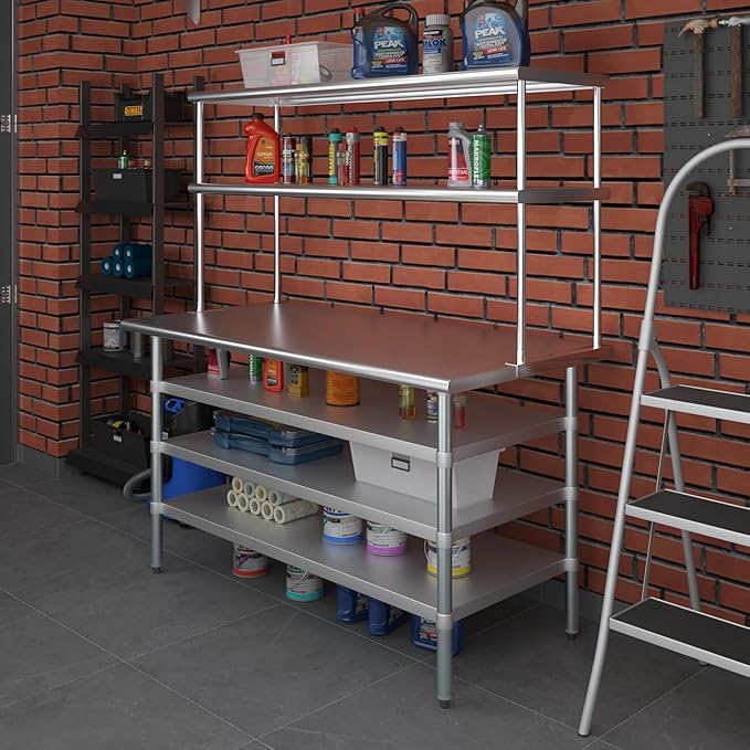 Amgood 30" x 60" Stainless Steel Work Table with 3 Shelves and 18" Wide Double Tier Overshelf | Metal Kitchen Prep Table & Shelving Combo | NSF