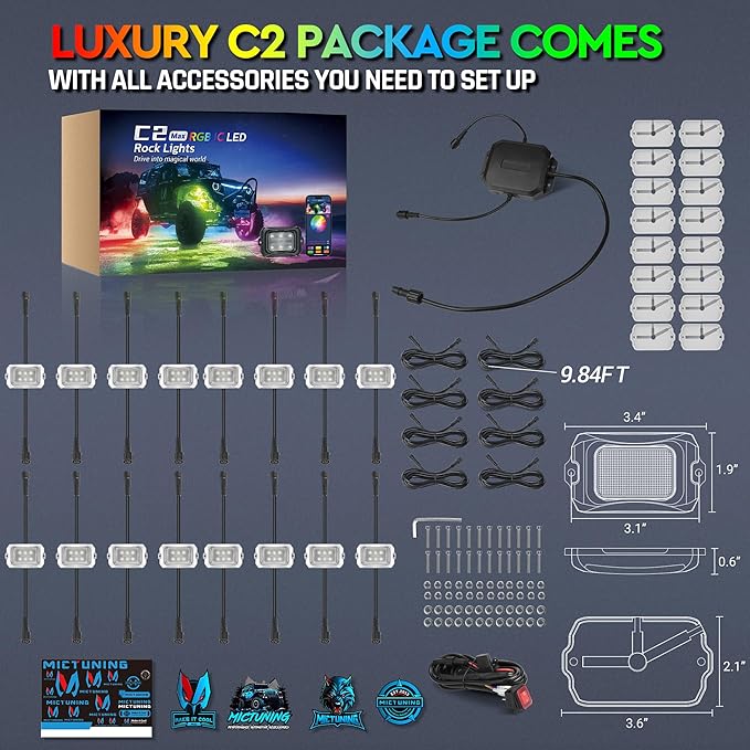 MICTUNING C2 MAX RGB+IC LED Rock Light with White Housing - 16 Pods Chasing Color Underglow Lights Kit, Dynamic Lighting Modes, APP Control, IP68 Waterproof, DIY Effect, Up to 24pods Extensible
