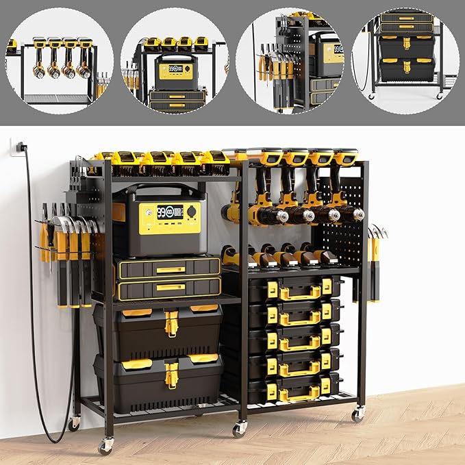 6-Tier Large Power Tool Organizer Cart with Charging Station, Heavy-Duty Garage Rolling Tool Cart with 6 Wheels, 8 Hooks & Adjustable Shelves, Holds 700LBS+