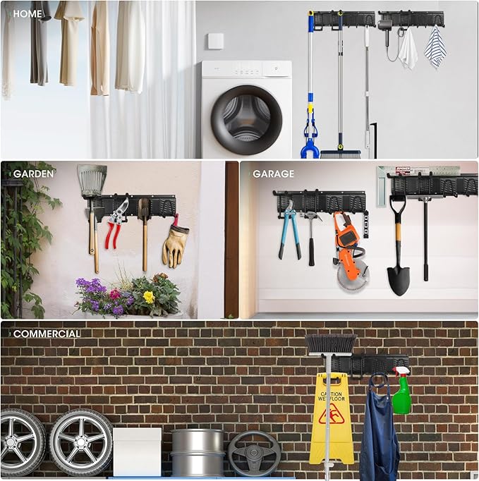 Garage Organization Garage Wall Organizer-Garage Tool Organizer Wall Mount 48in with Adjustable Metal Hooks,Max 440Lbs Yard Tool Organizer,Garden Tool Storage for Shovels Broom Folding Chair,Black