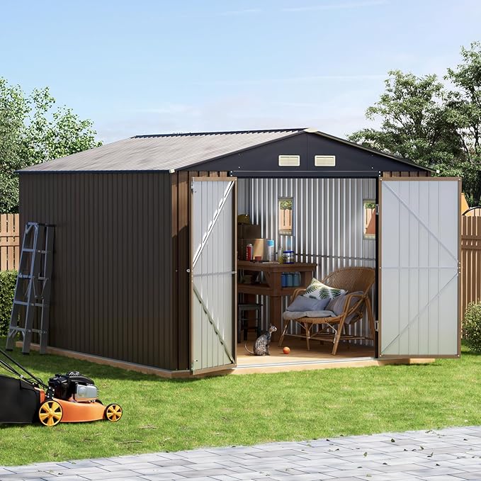 10x10 FT Outdoor Metal Storage Shed, Double Swing Doors, 2 Clear Windows,Tool Shed for Garden, Patio, Backyard Brown