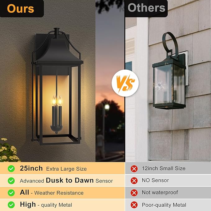 𝟐𝟓-𝐈𝐍𝐂𝐇 Dusk to Dawn Outdoor Wall Light, Large Size Waterproof Patio Lanterns, 3-Light Exterior Wall Mount Lantern Sconce with Glass, Black Wall Sconces for House Garage Front Door