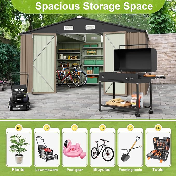 JUMMICO 8 x 10 FT Outdoor Storage Shed, Large Metal Garden Shed & Tool Sheds for Backyard Garden Patio Lawn (Brown)