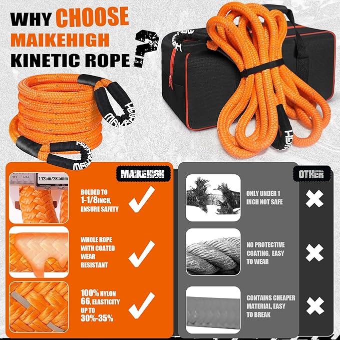 MAIKEHIGH 1-1/8" x 30ft Kinetic Recovery Rope, 56,000LBS Heavy Duty Offroad Recovery Strap (Reflective), 30+% Elasticity Vehicle Tow Rope for Trucks 4WD Pickup Tractor Car SUV ATV UTV