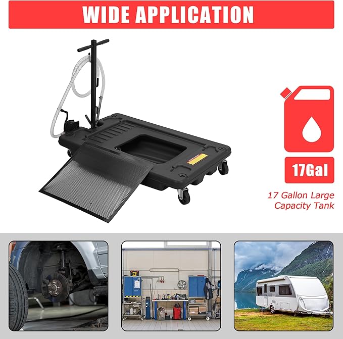 ‌17 Gal Low Profile Oil Drain Pan, Heavy Duty Mobile Oil Changing Pan with Hand Pump, 8 Ft Hose & Quick Drain Valve, Leak-Proof Design for Truck Car Motorcycle, Garage Workshop Use