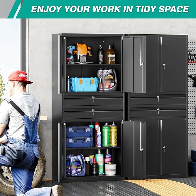 Metal Storage Cabinet with Drawer and Locks,Black Garage Storage Cabinet with Locking Doors and Adjustable Shelves,71" Tall Large Metal Cabinets with Magnetic Door for Home,Office,Garage