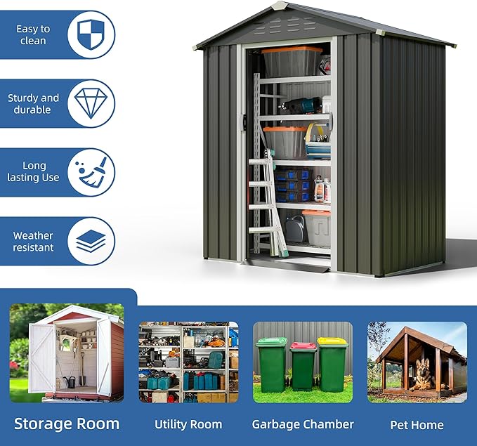 JY QAQA 5x3 FT Metal Outdoor Garden Storage Shed,Waterproof Metal Garden Sheds with Window and Lockable Double Door,Weather Resistant Steel Tool Storage House Shed forPatio,Lawn