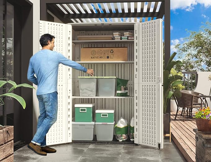 ADDOK Outdoor Storage Cabinet Waterproof,Outdoor Storage Sheds with Floor, Double-Layer Storage Shed for Patios/Generator/Long-Handled Tools (ivory/52 Cu.Ft)