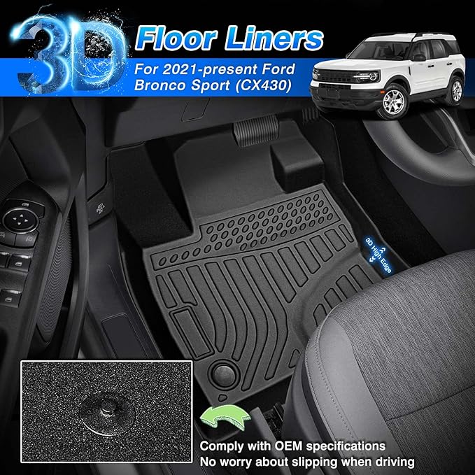 Cartist Floor Mats Compatible with Ford Bronco Sport 2021-2024 2025 2026 All Weather Floor Liners for Ford Bronco Sport Accessories 1st and 2nd Row Carpet Protection Mat Set