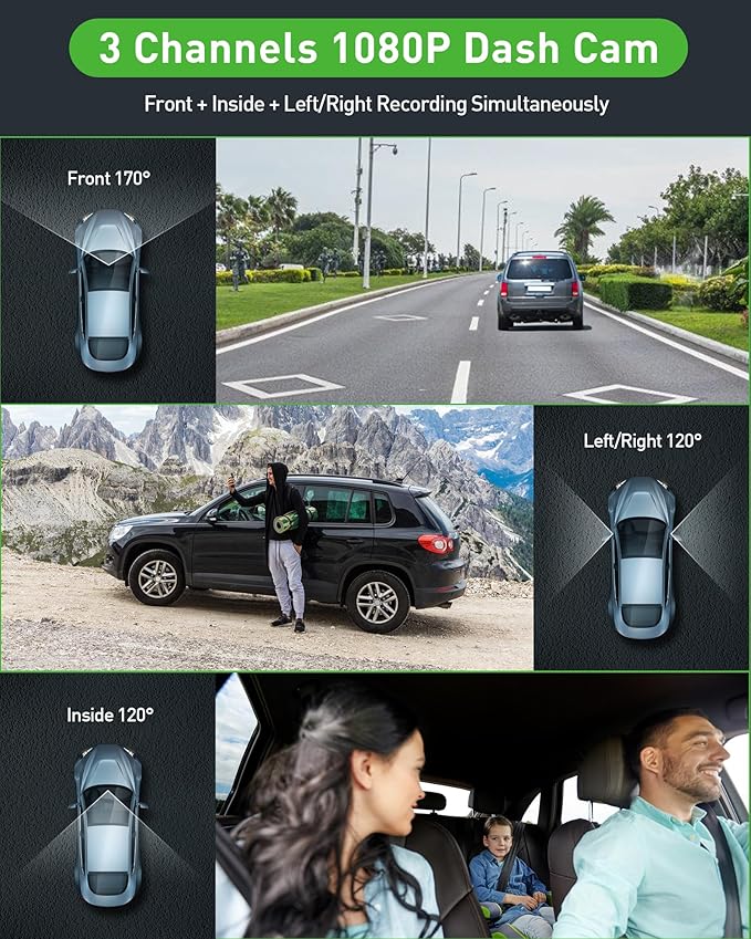 3 Channel 1080P Dash Cam Front and Inside Left/Right, Free 32G Card, Dash Camera Loop Recording, Triple Camera for Cars 24 Hours/7 Parking Monitor, Wide Angle, IR Night Vision, with G-Sensor, Black