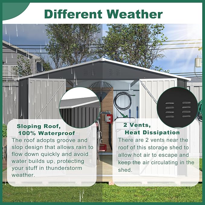 Outdoor Storage Shed 10x12 FT, Utility Metal Tool Storage with Lockable Doors and Updated Frame Structure, Large Metal Garden Shed for Backyard, Patio Lawn, Black
