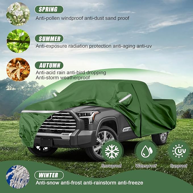BOSSTONE Car Cover Custom Fit for Toyota Tundra Truck 1999-2021 Double Cab, Waterproof All Weather for Automobiles Full Exterior Cover Rain Sun Snow Protector with Door Zipper (Green)