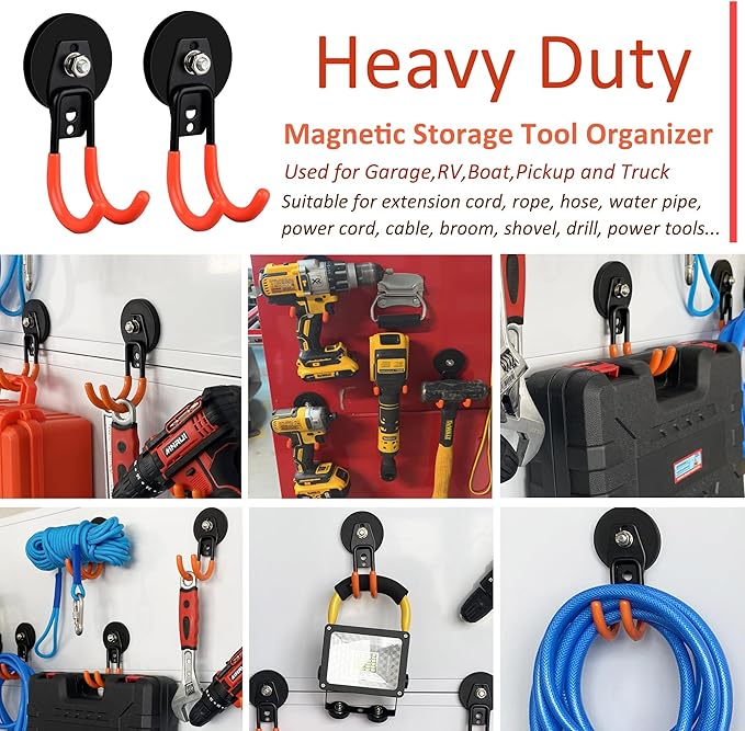 ULIBERMAGNET Garage Strong Magnetic Hooks, 4 Pack Heavy Duty Large J Hooks with Magnet, Anti-Slip Coating Magnet Hooks for Garden Tools, Ropes,Drill,Magnetic Double Hooks for Metal Cabinet,Pegboard