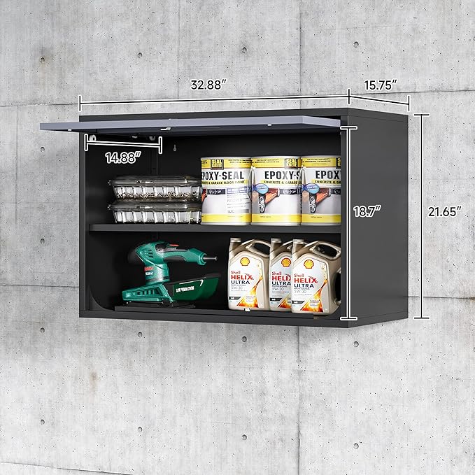 Metal Wall Cabinet with Locking Door and Shelf, Hanging Garage Cabinets with Up-Flip Doors for Garage, Warehouse, Home, Office, Assembly Required (Black Grey, One Cabinet)