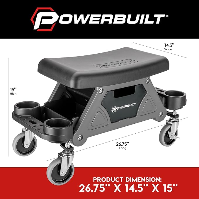Powerbuilt Heavy-Duty Utility Rolling Seat Upgraded with Padding, Sturdy Locked in Trays, Premium Wheels for Garage Work - Grey 642924ECE
