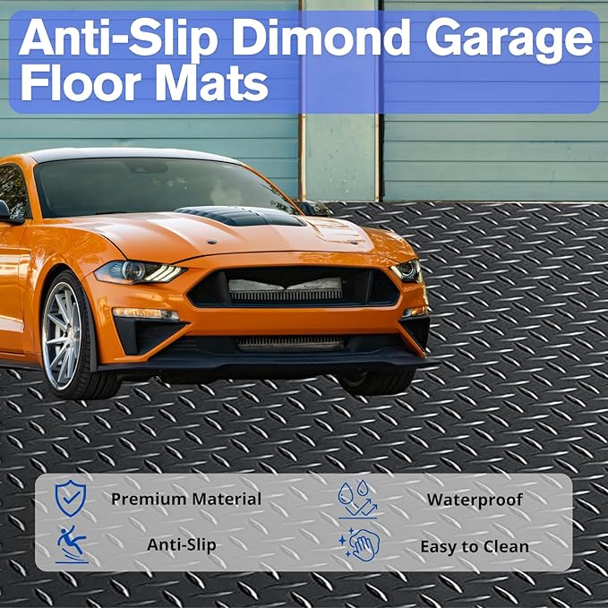 4X6 FT Garage Floor Mat， 2.5 Inch Thickened Diamond Plate Flooring Roll for Under Car， Non-Slip Commercial Grade Heavy Duty Parking Mat for Garage, Warehouse, Workshop, Basement, Gym（Black）