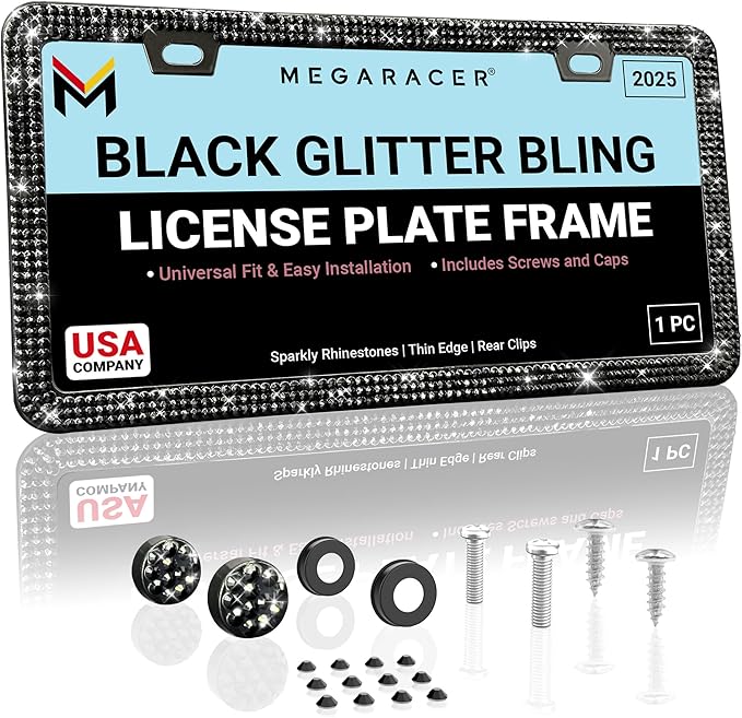 Elegant Bling License Plate Frame for Women - 1 Pack, 800 Premium Black Rhinestones, Rust-Free Stainless Steel, Street Legal Slim Design, Sparkly Diamond Car Tag Holder with Glitter Crystal Covers