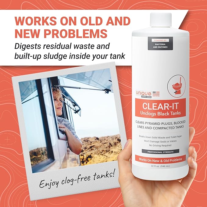 Unique Clear-It RV Black Tank Unclogger Liquid - Breaks Through Pyramid Plugs, Compacted Tanks, and Clogged Pipes 32 oz (2-Pack)