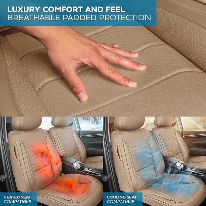 Elite Edition Faux Leather Seat Covers for Cars, Trucks, & SUV - 2 Beige Car Seat Covers for Front Seats - Universal Fit Car Accessories Automotive Interior Cover Protector for Most Vehicles