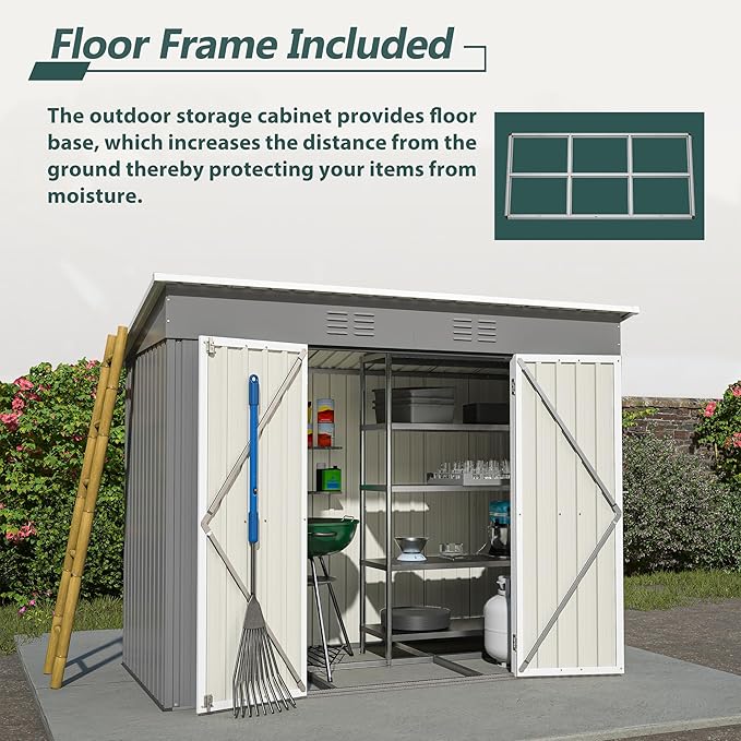 Outdoor Storage Shed, 8 X 4ft Metal Galvanized Steel Garden Shed with Floor Frame, Utility Tool Shed Storage House for Backyard, Patio, Lawn