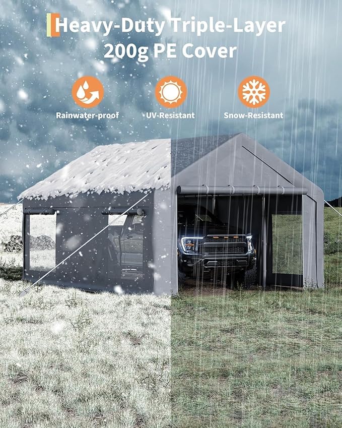 12 x 20ft Heavy-Duty Carport Canopy with Roll-Up Windows & DoorsThickened Wind Ropes, Ground Nails, Portable Car Tent Garage for Cars, Trucks, Boats, 180G Durable Tarp Cover,Grey