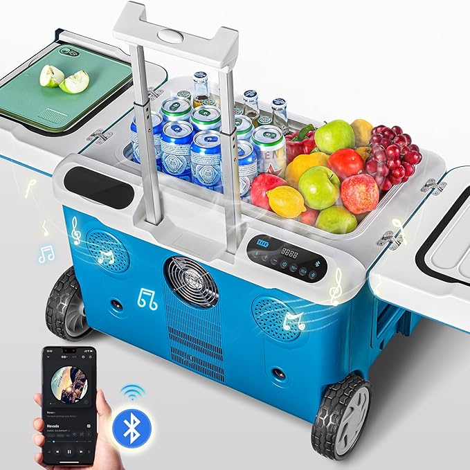 AAOBOSI Car Fridge, 42Quart(40L) Portable 12 Volt Car Refrigerator Cooler with Wheels&Bluetooth Speaker&Handle&Battery Powered, -4℉~68℉ with 12/24V DC,100-240VAC for Camping, Beach,Party,Pool,Travel