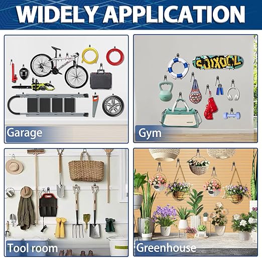 3-H Garage Wall Hooks 14 Pack, Garage Hooks Heavy Duty with Extra Welding Spots, Wall Mount Storage Organizer for Hanging Garden Lawn Tools Ladder Bike WeedEater Chair Shovel Blower (Grey)
