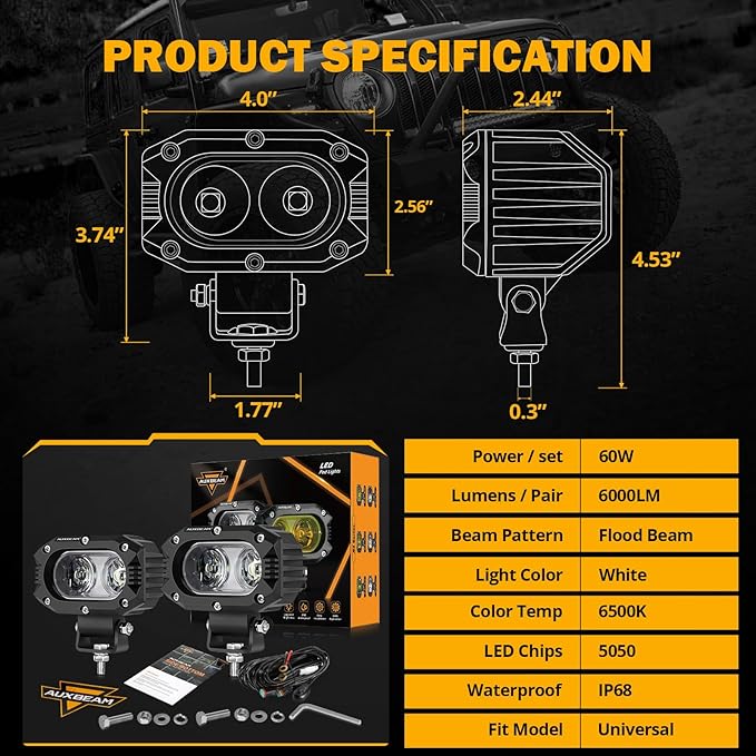 Auxbeam 4 Inch LED Light Pods, 60W Square Offroad Driving Light Super Bright 120° White Broad Flood Beam Pods Light with Off Road Wiring Harness for Wrangler Truck Pickup SUV ATV UTV (2 Pcs)