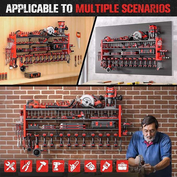 49.8" W Large Power Tool Organizer Wall Mount, Heavy Duty Tool Organizer with 14 cordless Drill Holder, 4 Layers Garage Organization and Storage Rack, Tool Rack for Garage Workshop, Red