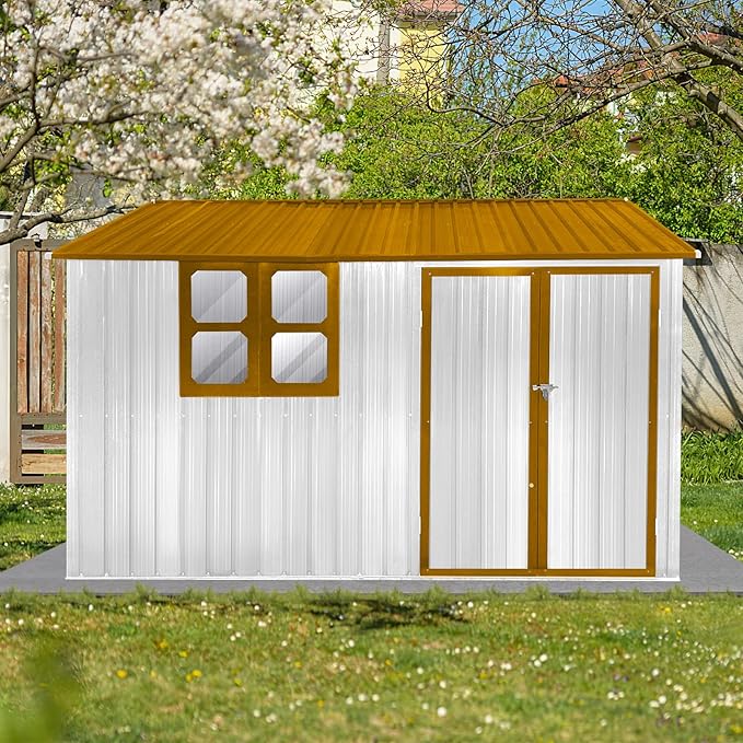10 x 8 FT Outdoor Storage Shed, Metal Garden Tool Shed with Slooping Roof, Lockable Doors and Windows, Easy to Assemble for Garden, Patio, Lawn, White+Yellow