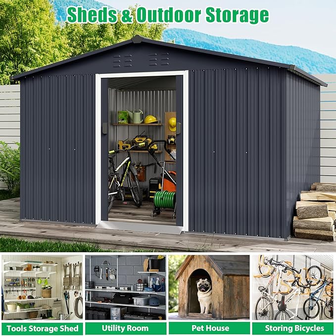 Outdoor Storage Shed 12 x 10 Ft, Outdoor Tool Metal Shed with Lockable Door, Air Vents and Sloping Roof, Metal Aluminum Waterproof Tool Sheds for Yard, Garden, Patio, Garage, Lawn, Gray