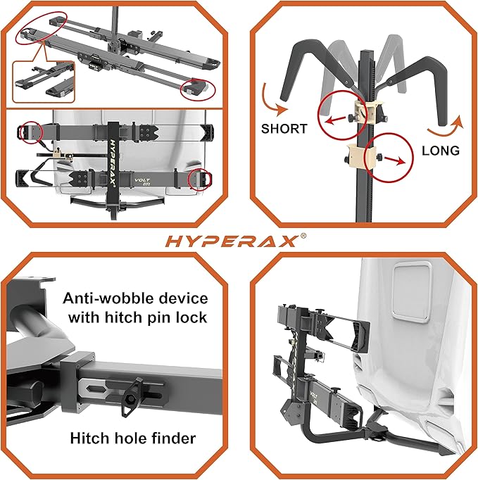 HYPERAX Patented Lift Assisted Volt Lift RV Rated Hitch Mounted 2 E Bike Rack Carrier Up to 2X 80lbs eBikes with Up to 5" Fat Tires for RV and SUV