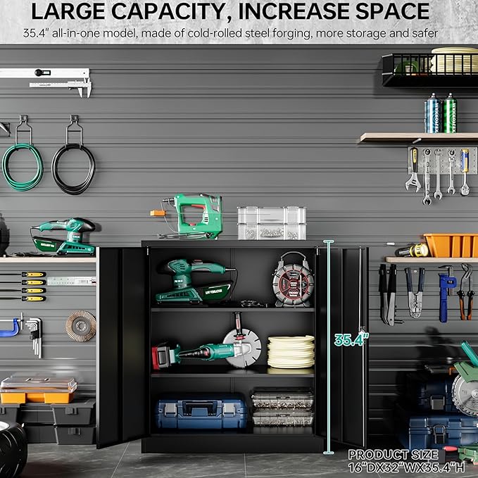 SISESOL Small Metal Storage Cabinet with Doors and Shelves,36 inch Black Locking Garage Cabinet,Lockable Short Steel Cabinets for Home,Office,Shop,Garage