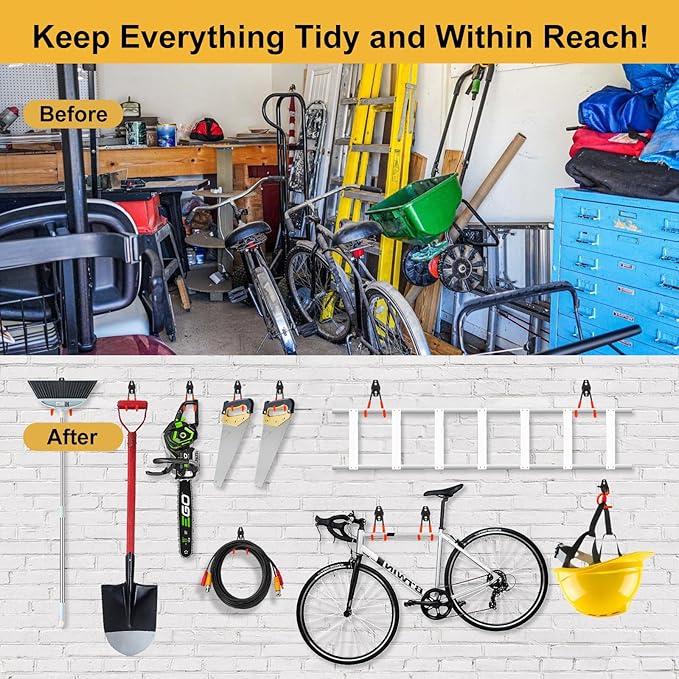 Steel Garage Hooks Wall Tool Organizer, 10 Pack Garage Storage Hook Heavy Duty Utility Storage Hangers Orange for Ladders, Ropes, Garden Tools