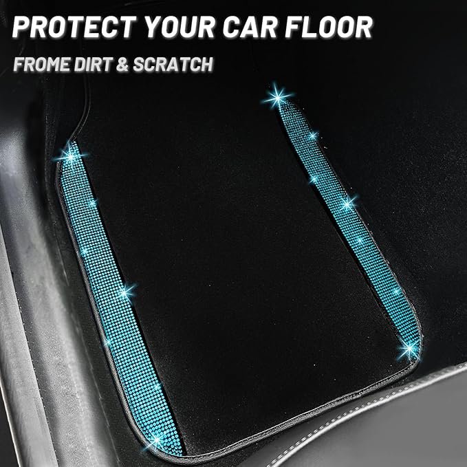 NBTEPEM Aquamrine Bling Car Floor Mats Full Set, Universal Fit Most Cars,SUV, Trucks, 4 pcs Sparkle Glitter Diamond Carpet for Women Girls with Anti-Slip Pad (Aquamrine Diamond)