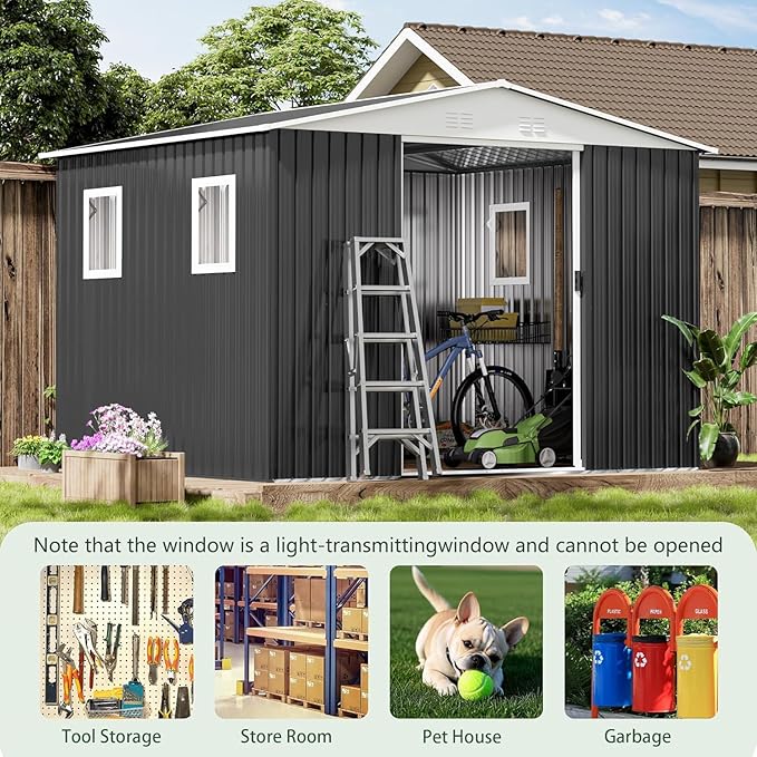 12x10 FT Outdoor Storage Shed with 4 Windows, Durable Metal Garden Sheds w/Updated Frame and Lockable Sliding Doors, Waterproof All-Weather Shelter Tool House for Backyard, Patio, Lawn, Grey