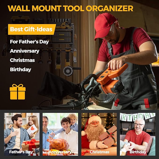 LBT Large Power Tool Organizer Wall Mount with Pegboard, Heightening Garage Power Tool Storage with 7 Cordless Drill Holder, Heavy Duty Metal Tool Shelf Battery Storage, Gifts For Men Father Husband