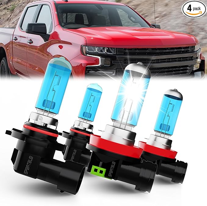 headlight bulbs compatible with Chevy Silverado 1500 2007-2021; Chevrolet Silverado 2500 2008-2018 Lights, 9005/HB3/H10 High Beam + H11/H8/H9 Low Beams, Pack of 4