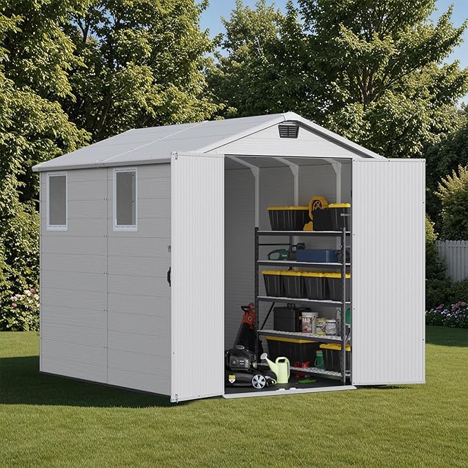 Patiowell 6x8 FT Outdoor Storage Shed with Floor - Resin Tool Shed with Lockable Door & 2 Windows, Easy Assembly for Garden, Backyard, Lawn Equipment, Light Gray