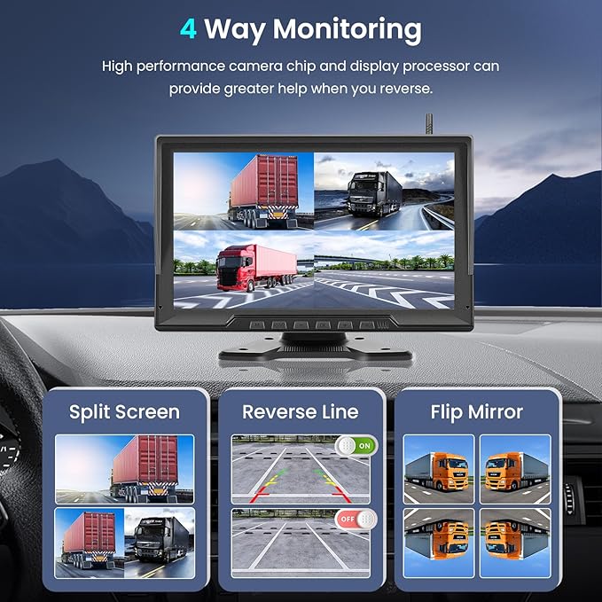 1080P Wireless Backup Camera Digital System Kit, Hodozzy 10.1 Inch HD 4 Quad Split Screen Reversing Monitor with Loop Record, Night Vision/IP68 Waterproof/Rear View Camera RV/Truck/Trailer/Bus/Camper