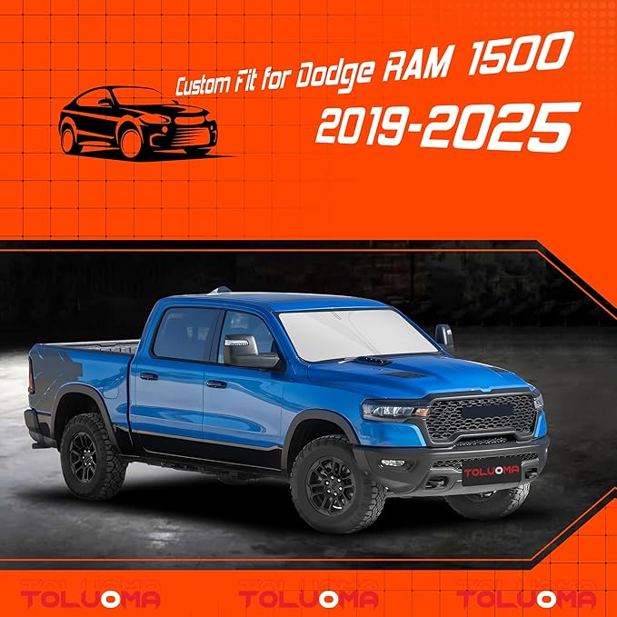 Custom Fit Windshield Sun Shade for Dodge RAM 1500 2019-2025 - Full Coverage, 210T Reflective Fabric, Double-Layer Design - Blocks 99% UV Rays, Keeps Car Cool, Easy to Install and Store