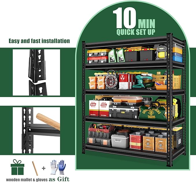 48" W Garage Shelving Heavy Duty，2500LBS Loads Adjustable Garage Storage Shelves, 5-Tier Metal Shelving Units and Storage Racks Heavy Duty, 48”W x 18”D x 78”H，Black…