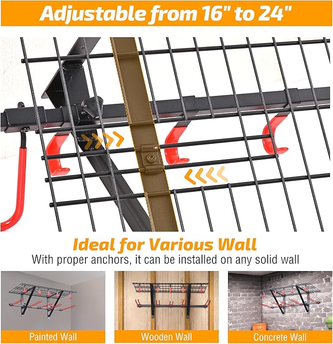 PLKOW Wall-Mounted Ski Rack, Skis Storage Rack for Garage Shed with Top Storage Shelf, Customizable Spacing, Supports Up to 280 lbs, Steel