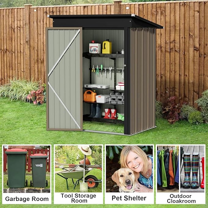 JUMMICO Metal Outdoor Storage Shed 5 x 3 FT Metal Shed with Lockable Door,Waterproof Garden Tool Shed Storage House for Backyard Patio Lawn, Brown