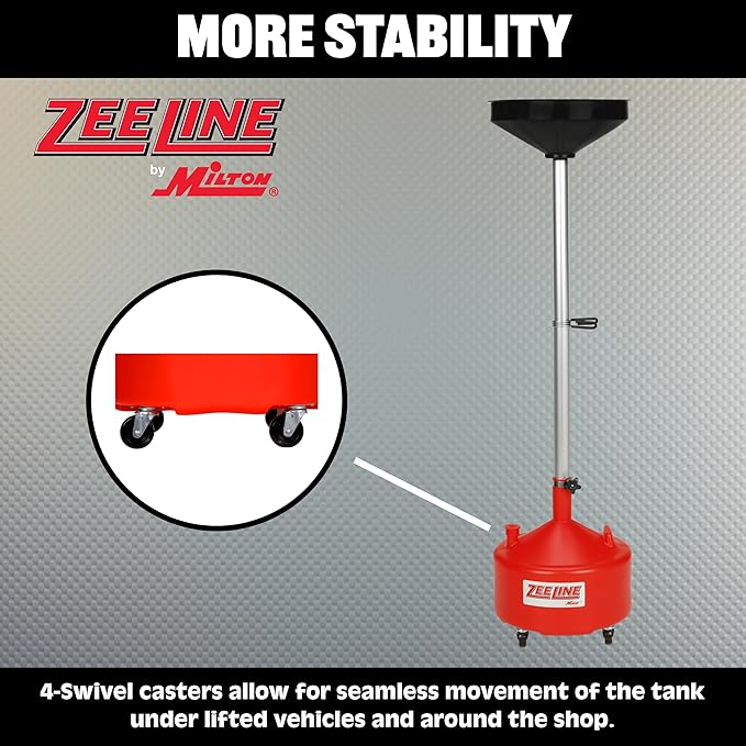 Zeeline By Milton ZE8DC, Rolling Oil Drain Pan, 8 Gallon Oil Drain with Adjustable Funnel, 2 Inch Drain Port with Cap, Wide Drain Pipe for Faster Draining, Oil Drain with 4 Swivel Casters