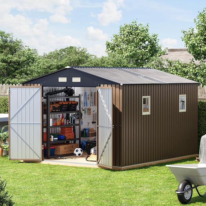 10x12 FT Outdoor Metal Storage Shed with Floor Frame, Double Swing Doors, 2 Clear Windows, Replaceable Skylight Roof Panel, Tool Shed for Garden, Patio, Backyard Brown