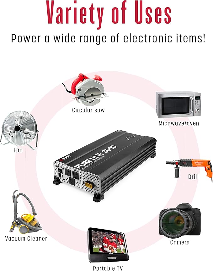 Wagan EL3810 Pure Line 3000 watt Power Inverter 6000 Watt Peak Surge Power DC 12V to 110V AC Car Inverter ETL Certified