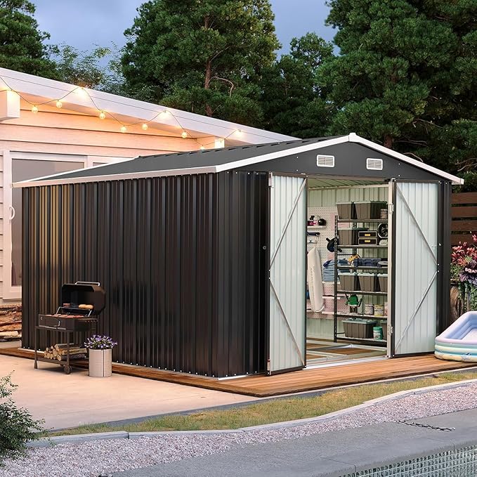 10x10 FT Shed Outdoor Storage Shed with Base, Large Shed Steel Utility Tool Shed Storage House with Door & Lock, Metal Sheds with Sloped Roof for Garden Patio Poolside, Black