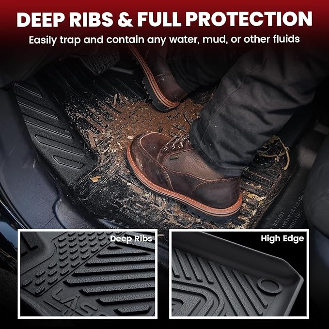 LASFIT Floor Mats for Rivian R1T 2025, All Weather Floor Liner TPE Custom Fit Car Mats for Rivian R1T 1st & 2nd Row Rubber Mats, Black,Tasteless, Durable and Easy to Clean
