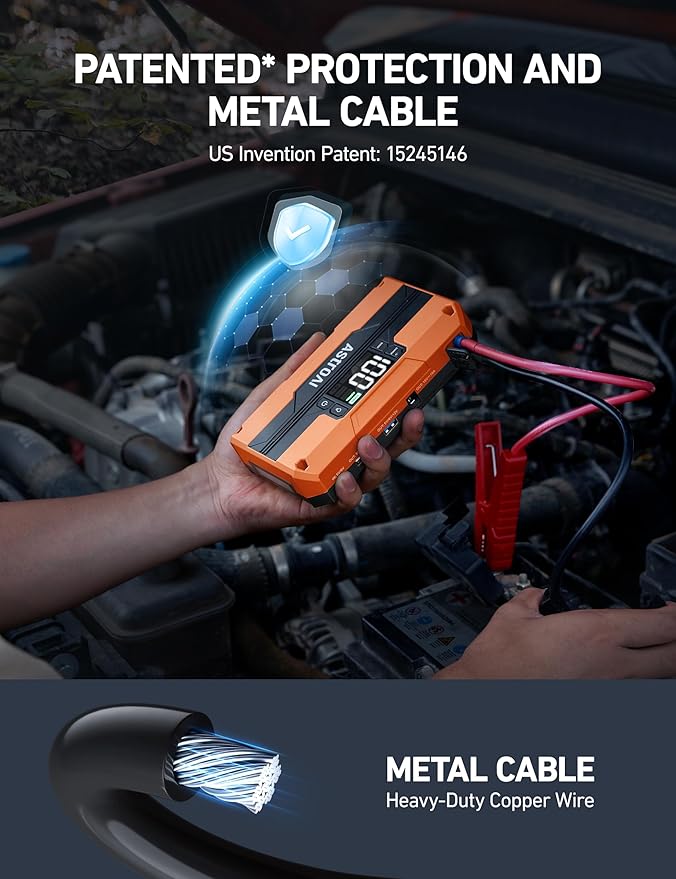 AstroAI T8 Car Jump Starter, 2500A 8-in-1 Jump Box for Car Battery, Up to 8.0L Gas & 5.0L Diesel Engine, 15200mAh QC 3.0 Power Bank, Informative LED Screen with Cigarette Adapter, Jumper Cable